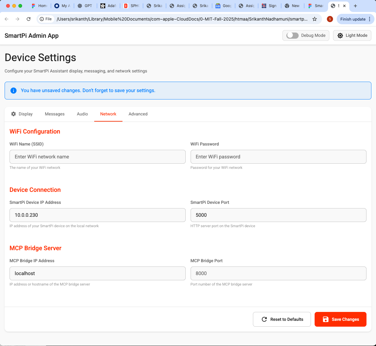 SmartPi Admin App - Network Settings Tab showing WiFi configuration, device connection settings, and MCP bridge server configuration