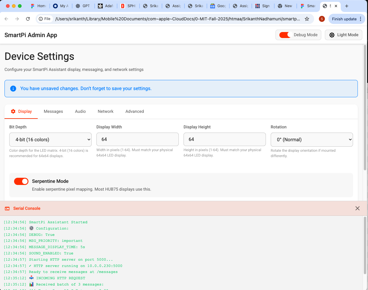 SmartPi Admin App - Serial Console Terminal showing debug messages, close button, and timestamped logs