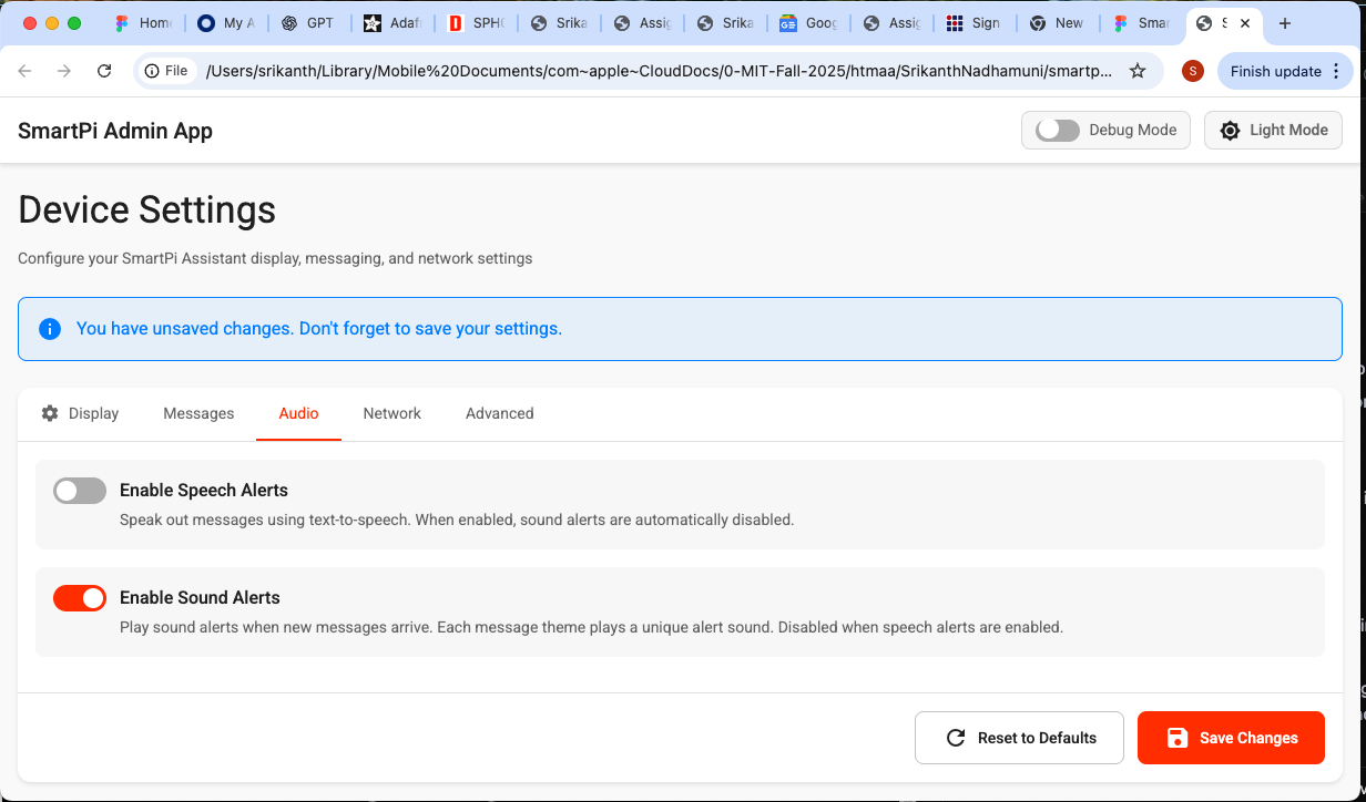 SmartPi Admin App - Audio Settings Tab showing speech alerts and sound alerts toggle switches with mutual exclusivity