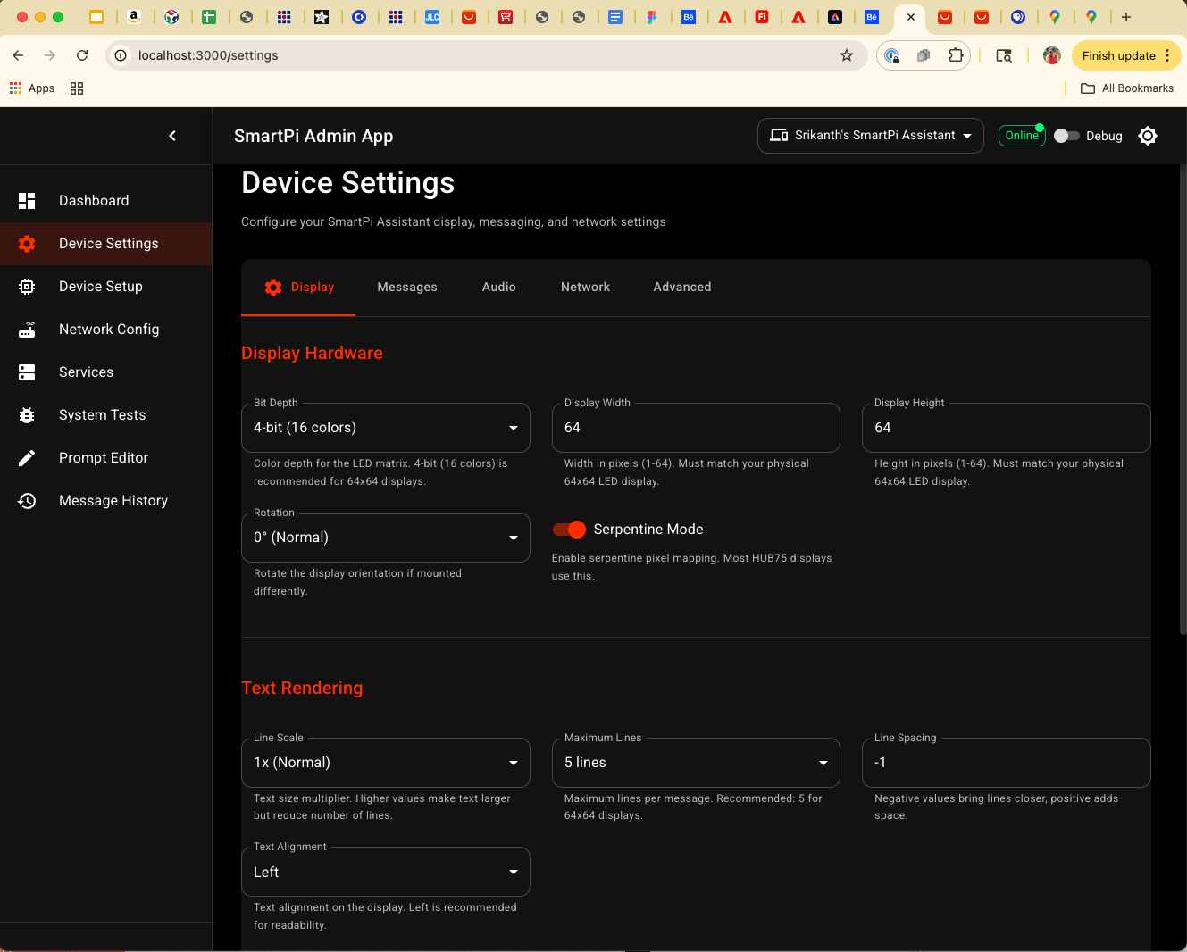 SmartPi Admin App - Device Settings page with LED matrix configuration controls