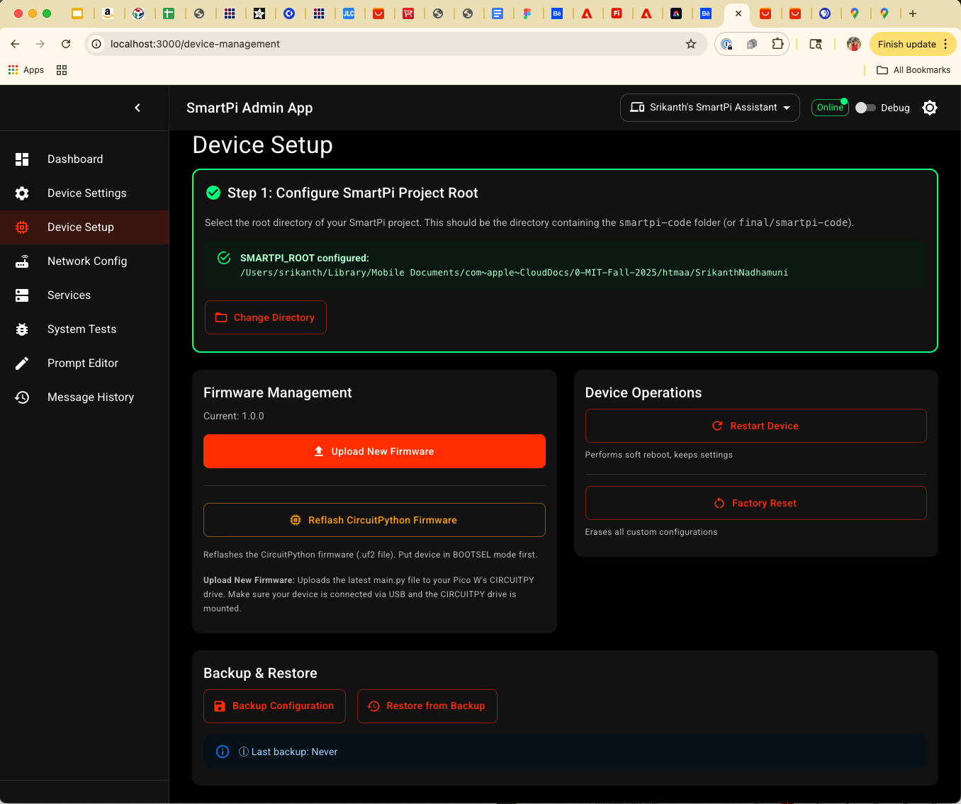 SmartPi Admin App - Device Setup page with SMARTPI_ROOT selector, firmware upload controls, and Add Device dialog