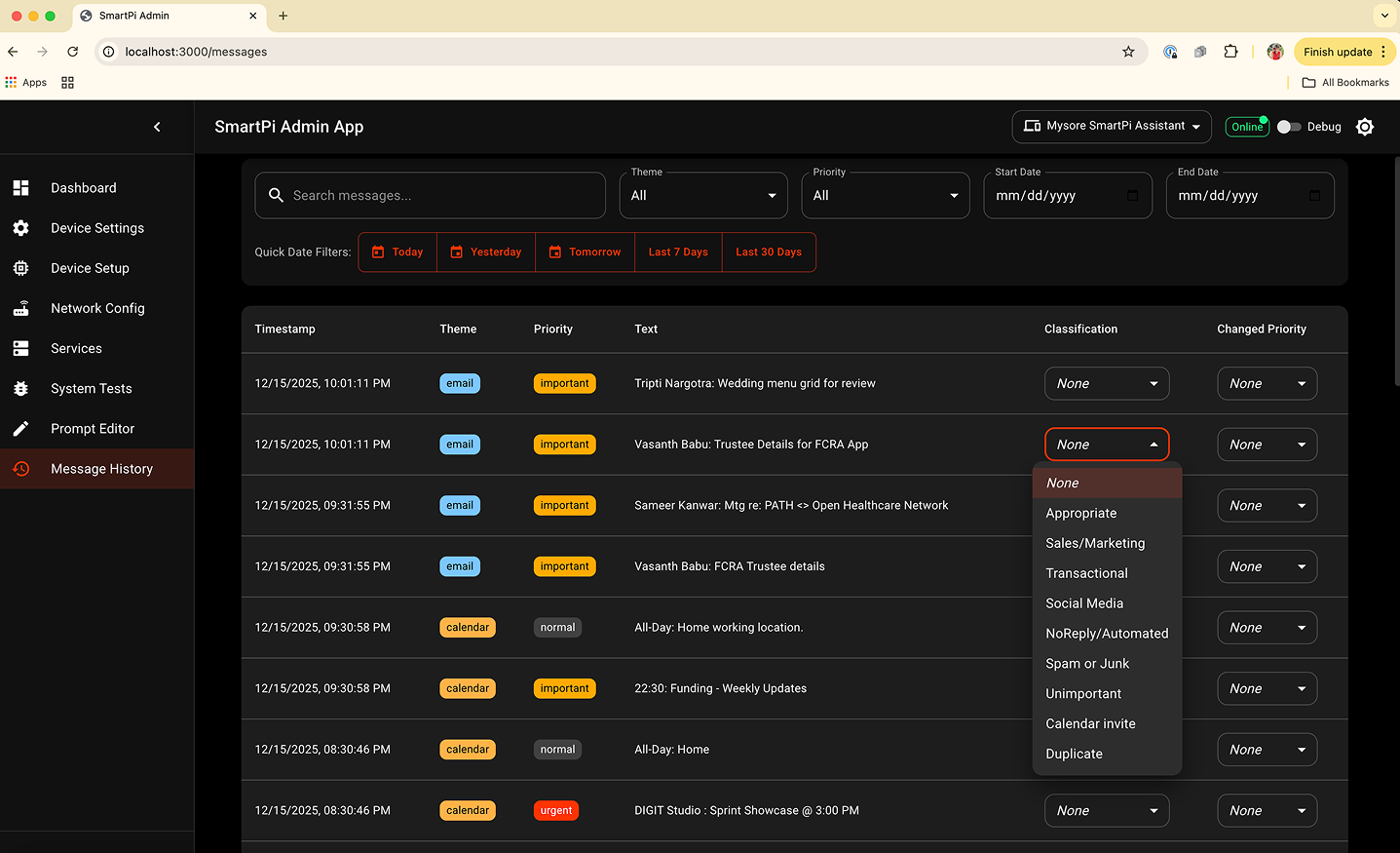 SmartPi Admin App - Message History page with filters, table, and delete controls
