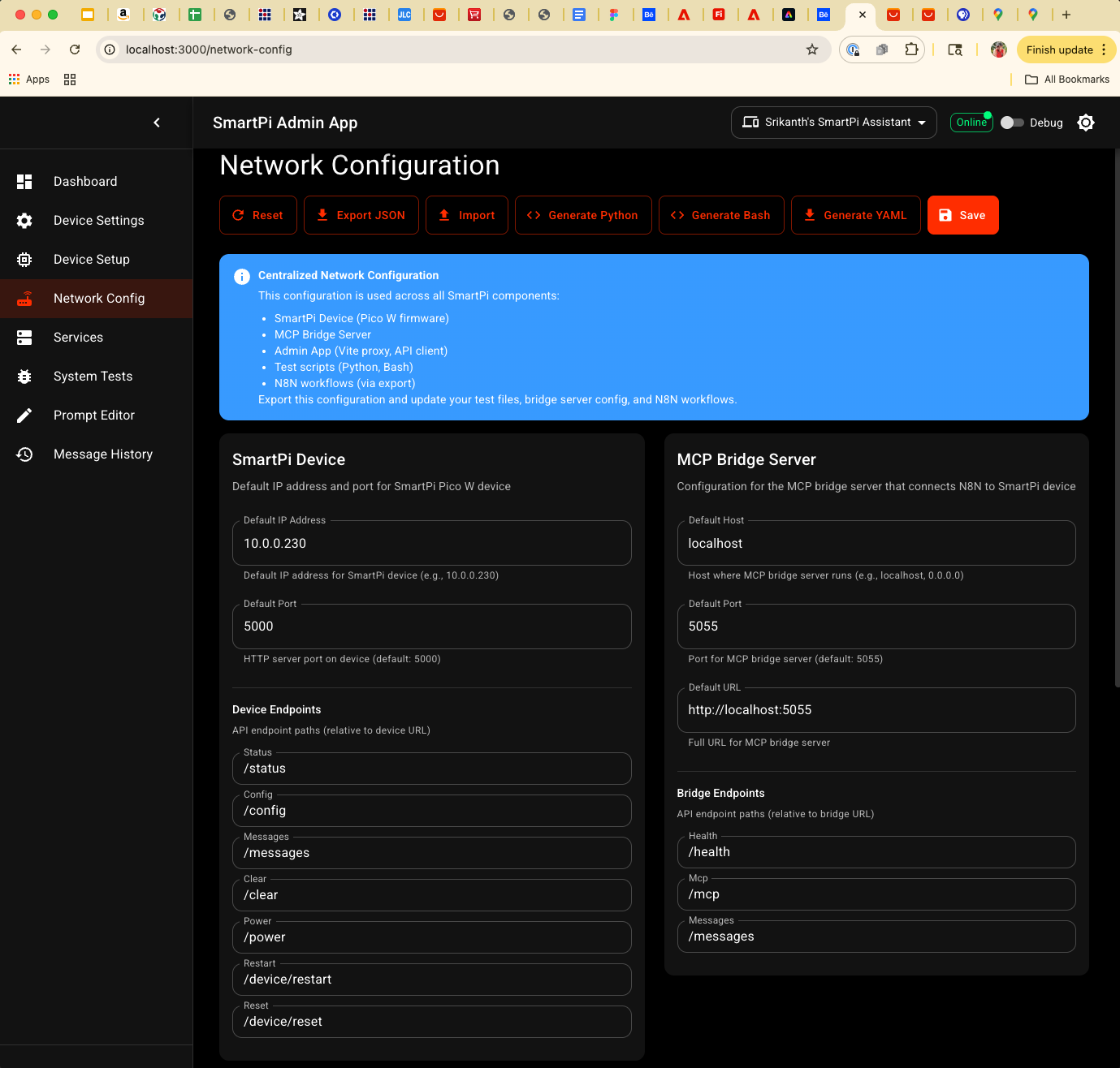 SmartPi Admin App - Network Config page with WiFi, device, MCP bridge, NGROK, and N8N settings