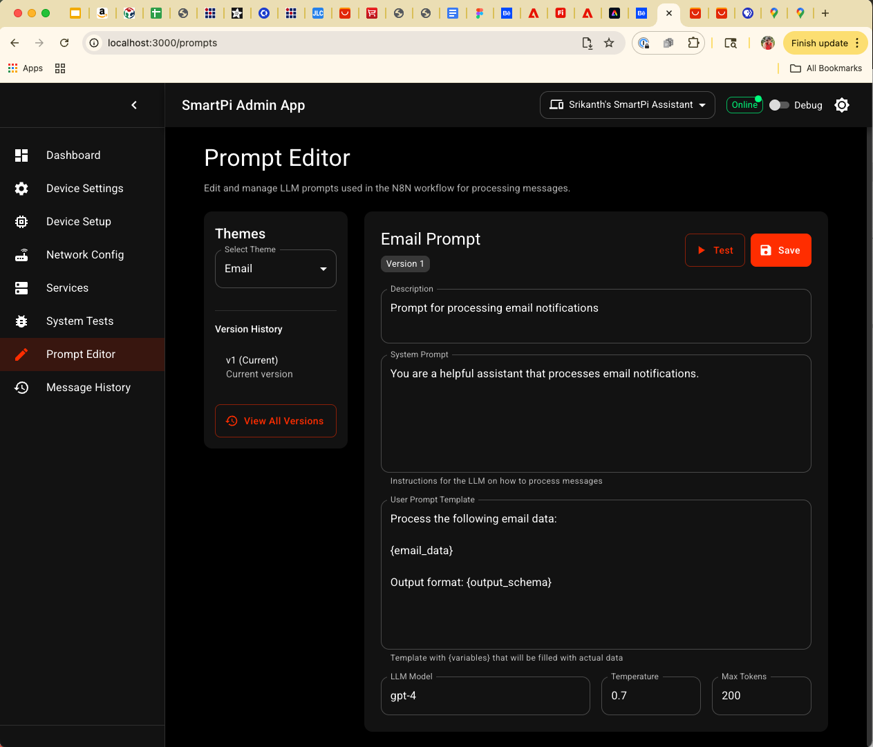SmartPi Admin App - Prompt Editor page with prompt text, version selector, and test controls
