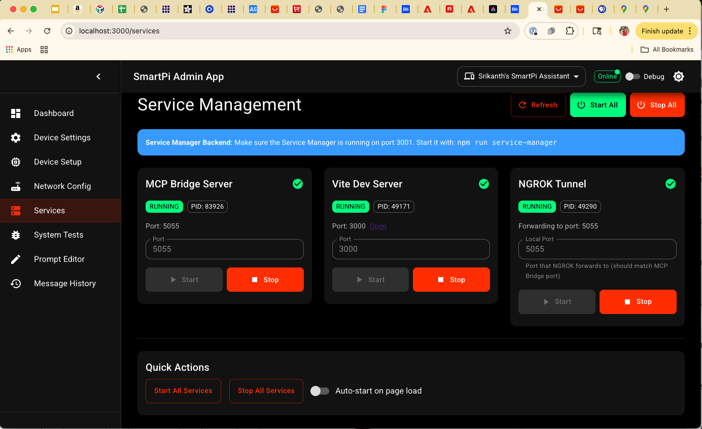 SmartPi Admin App - Service Management page with NGROK, MCP Bridge, and Vite status cards