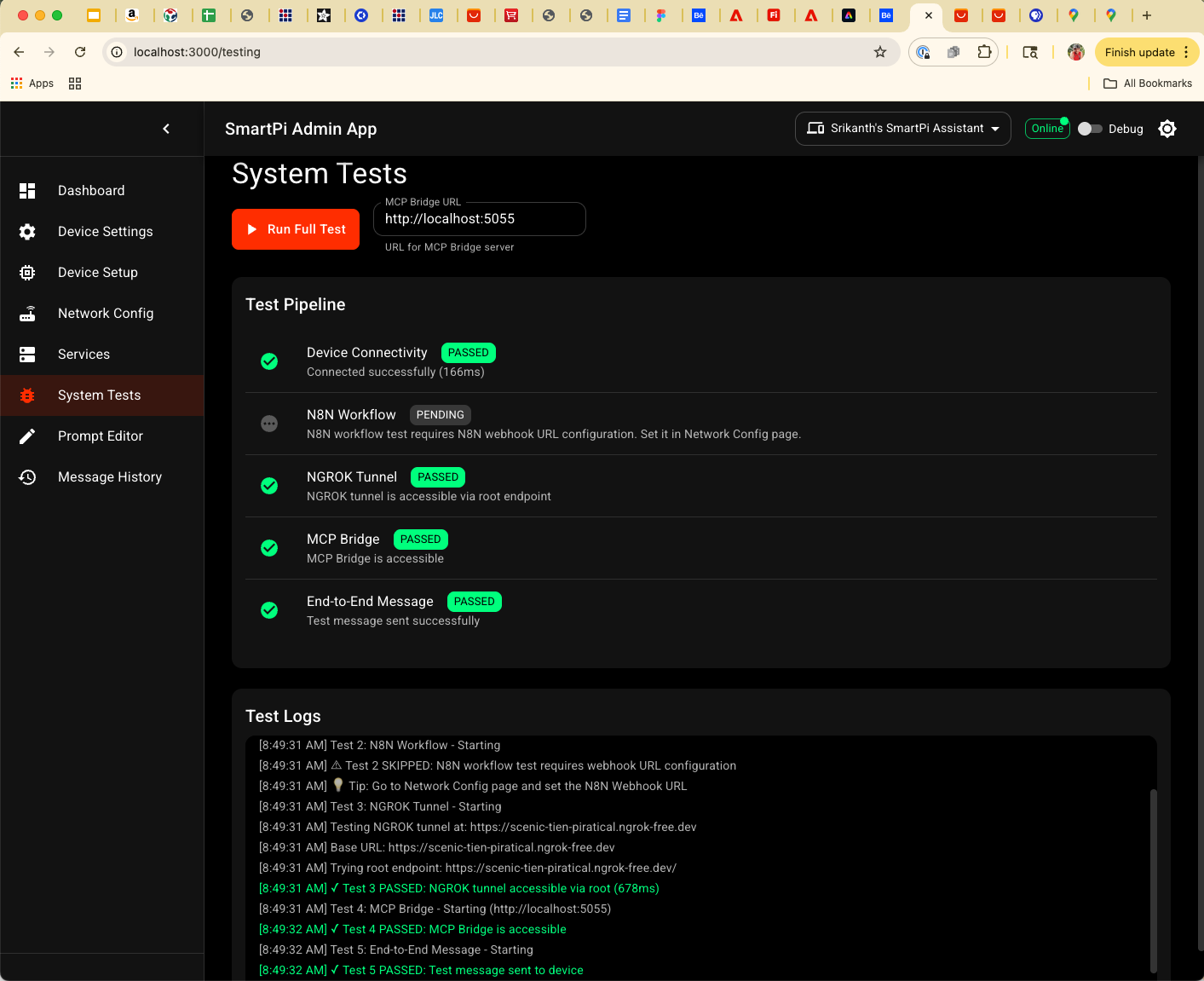 SmartPi Admin App - System Tests page with list of tests and status indicators
