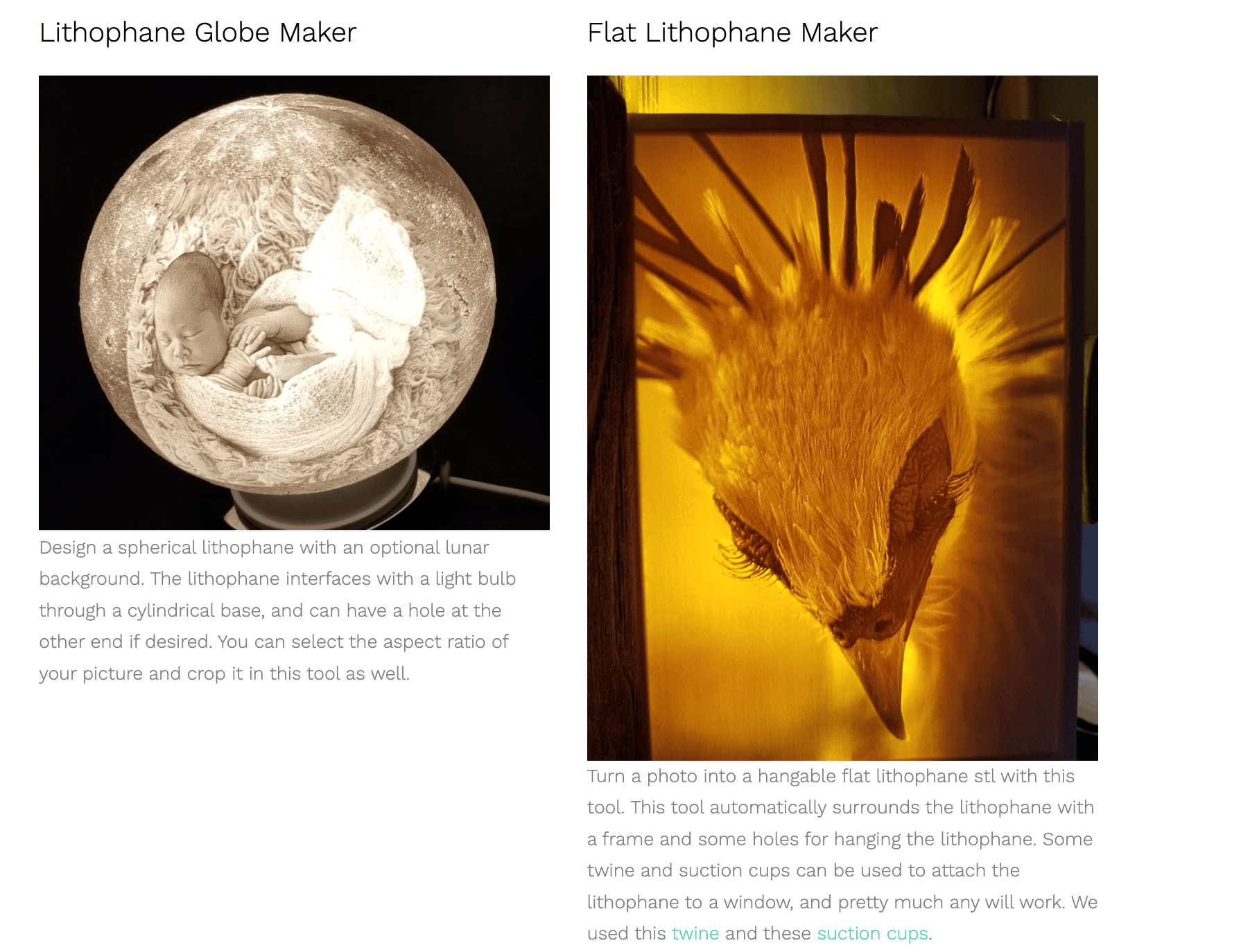 Example of both flat and spherical lithophanes