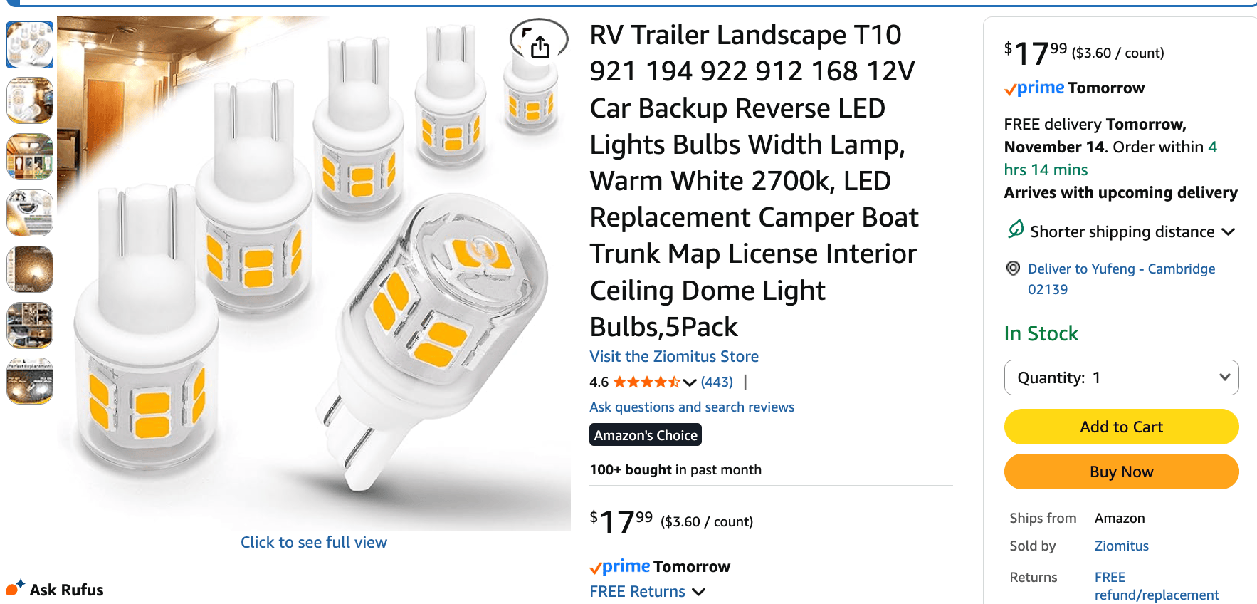 Wedge-Base 12V T10 LED bulbs from Amazon
