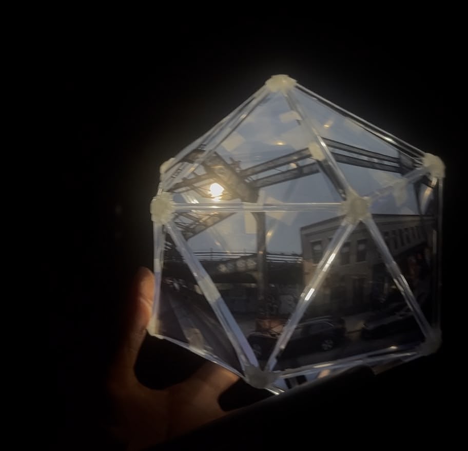 Prototype of the icosahedron lightbox, with the transparent acrylic rods and 3D printed joints with transparent filament