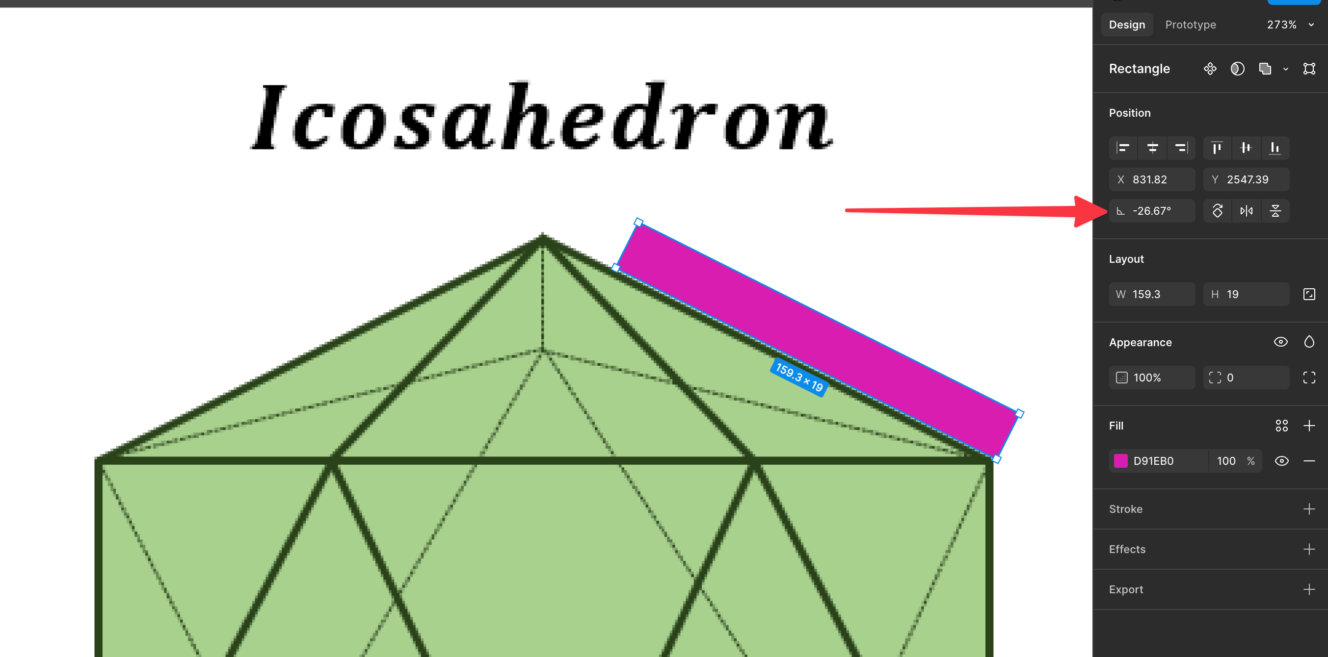 Measurement of the angle between the beam and the joint in Figma (26.67°)