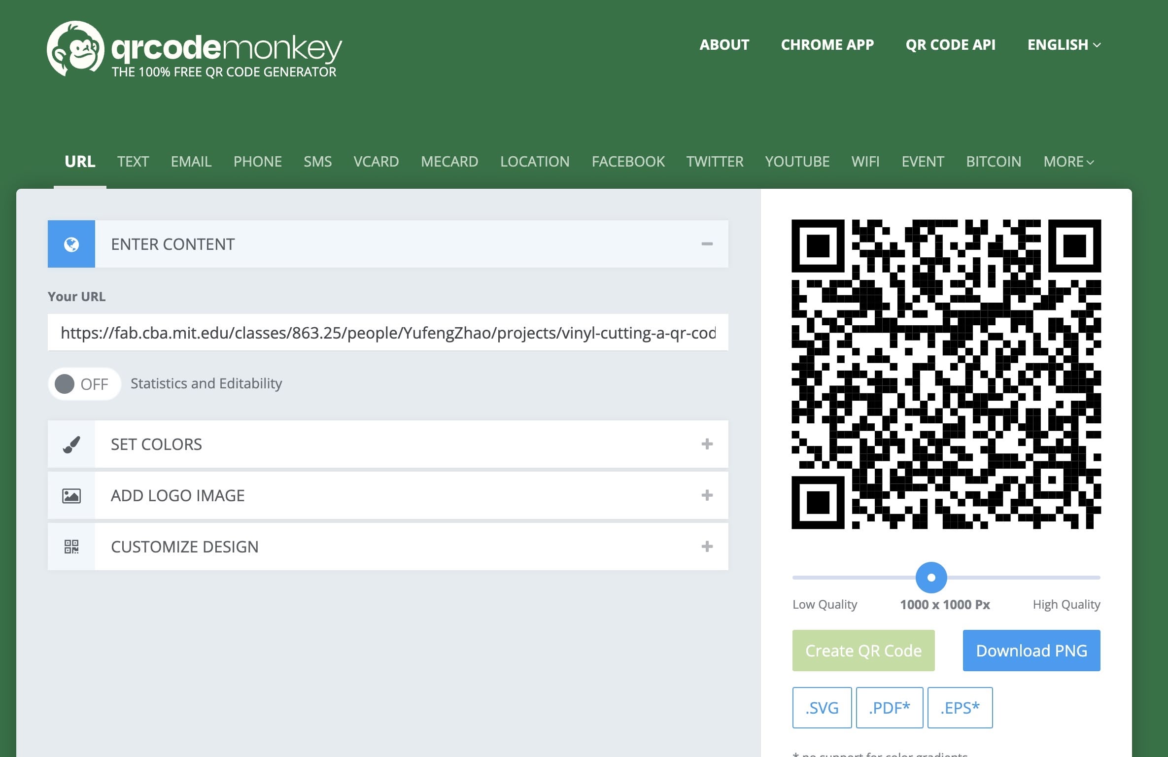 Generating the QR code for this blog post on QR Code Monkey