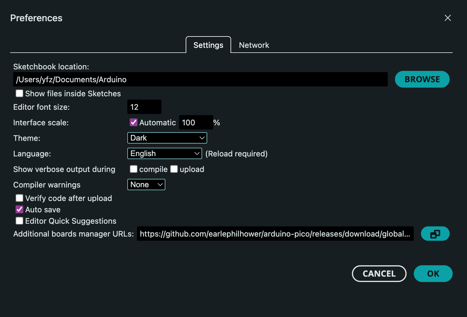 Adding an additional URL to the Arduino IDE (Arduino IDE > Settings)