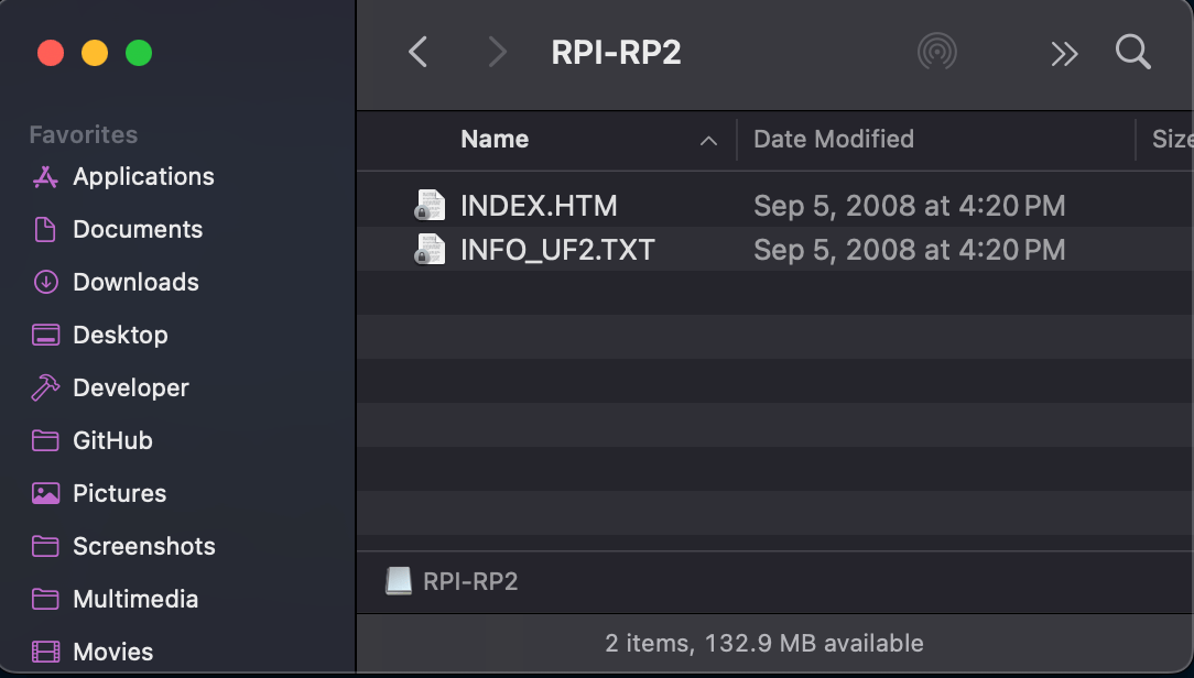 The board in UF2 mode, showing up as a USB storage device