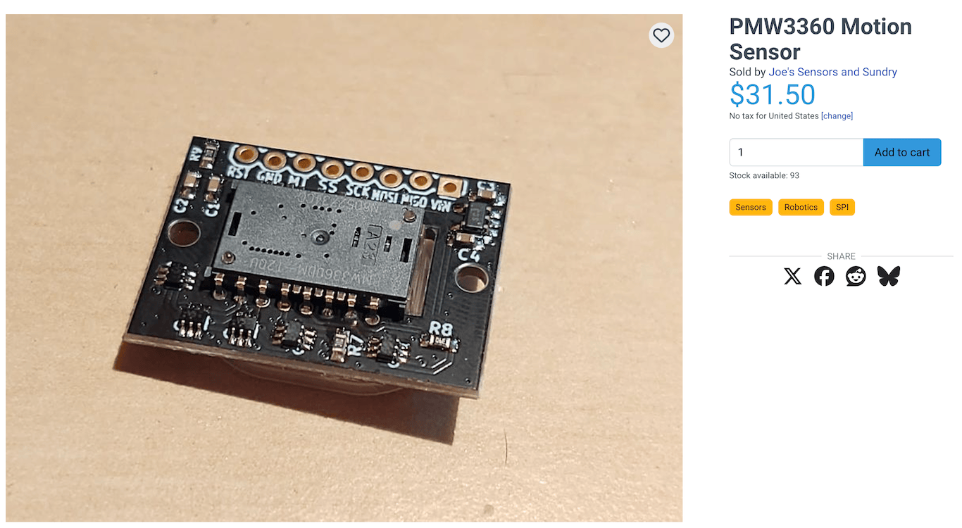 Joe's Sensors and Sundry PMW3360 sensor with custom PCB